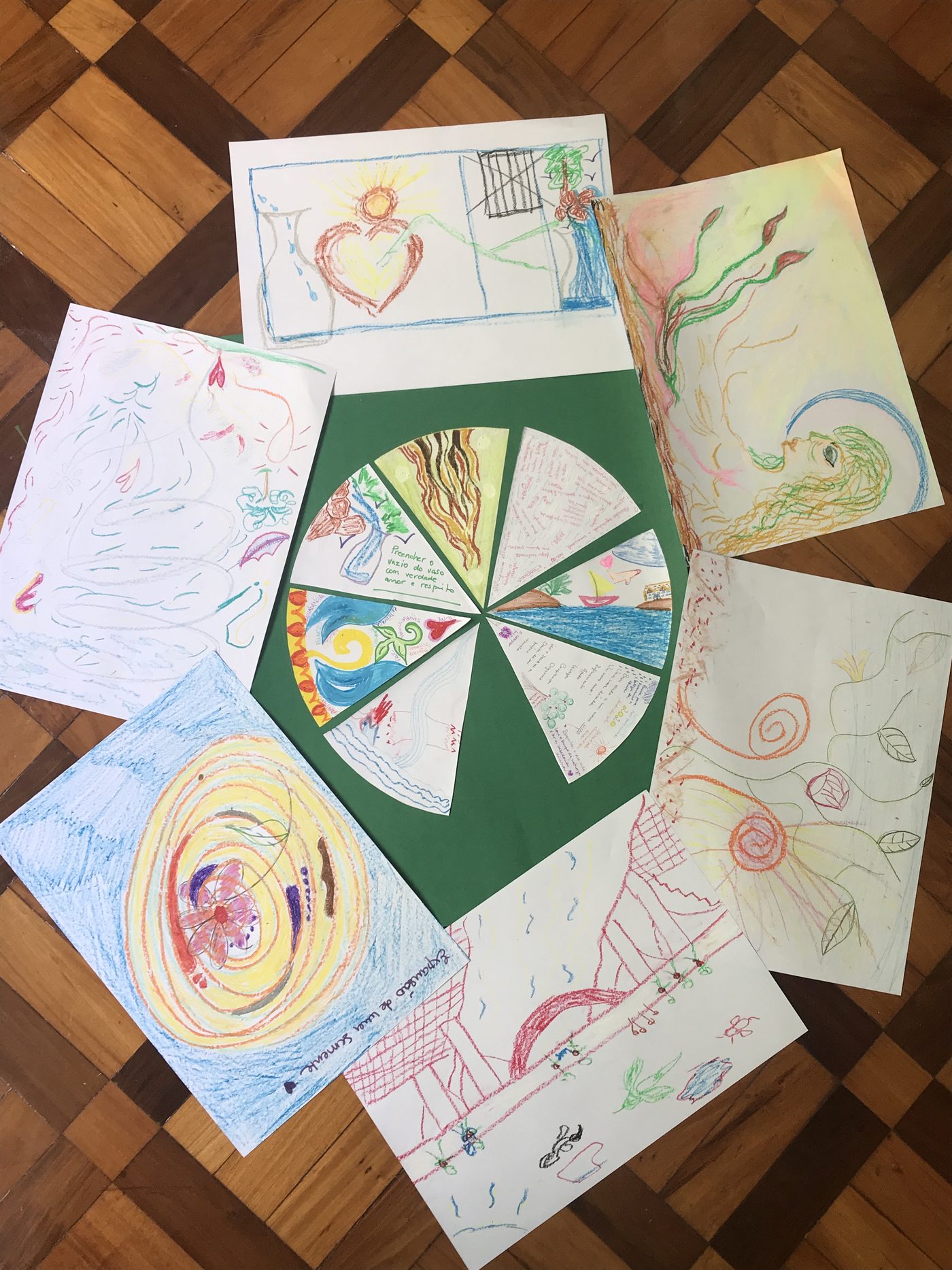 Drawings from a journey laid out on a wooden floor around a coloured wheel